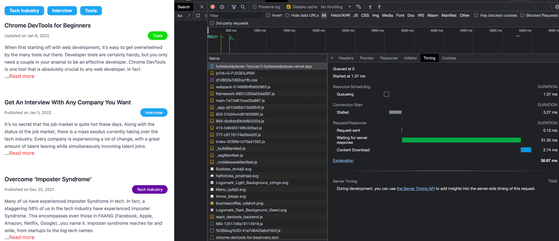 Network tab timing waterfall in Chrome DevTools